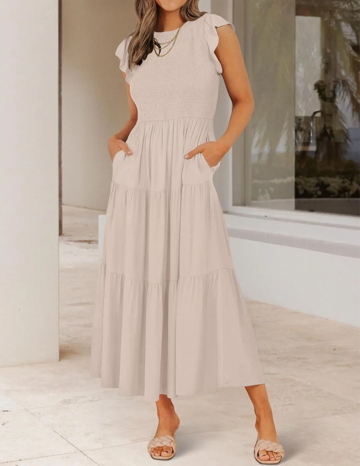 ZESICA Women's 2025 Summer Casual Flutter Short Sleeve Crew Neck Smocked Elastic Waist Tiered Midi Dress