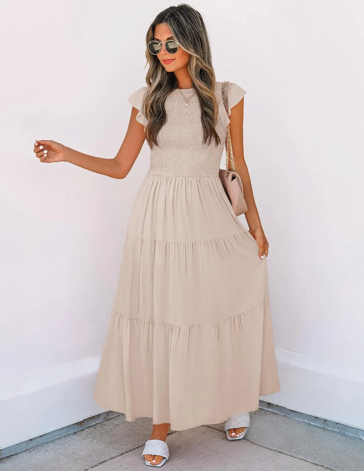 ZESICA Women's 2025 Summer Casual Flutter Short Sleeve Crew Neck Smocked Elastic Waist Tiered Midi Dress