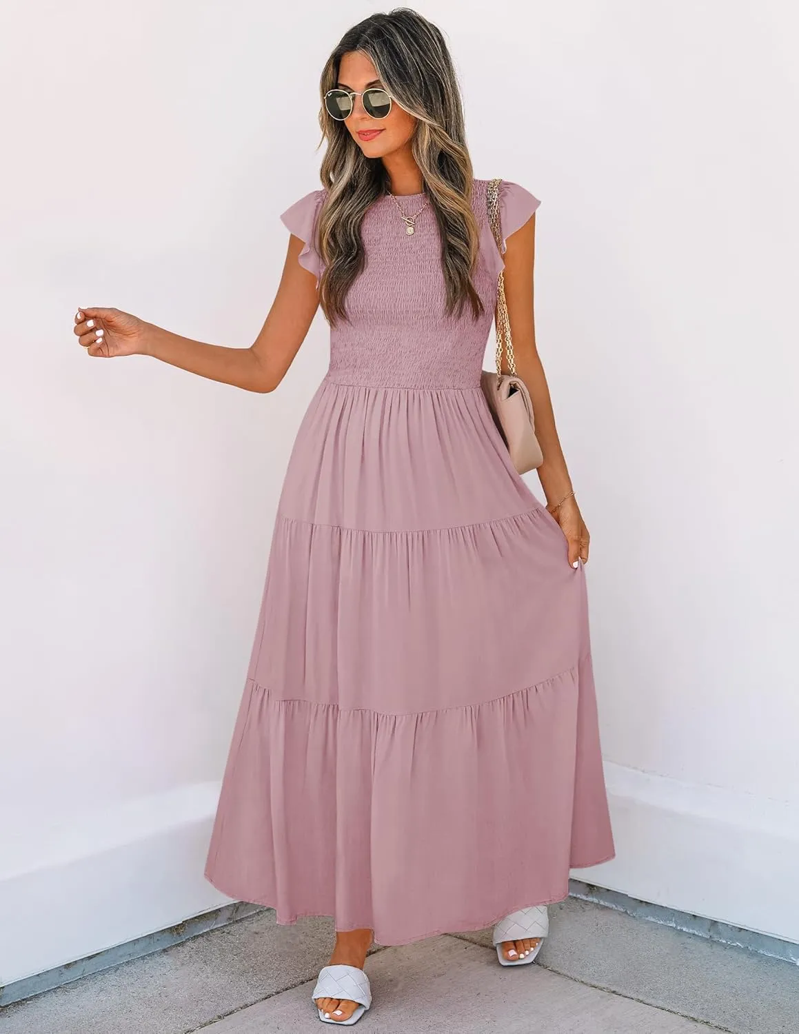 ZESICA Women's 2025 Summer Casual Flutter Short Sleeve Crew Neck Smocked Elastic Waist Tiered Midi Dress