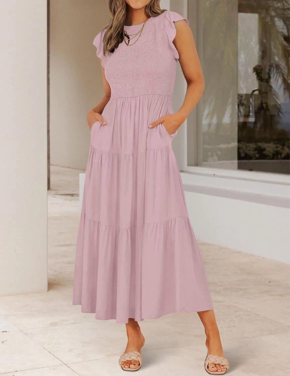 ZESICA Women's 2025 Summer Casual Flutter Short Sleeve Crew Neck Smocked Elastic Waist Tiered Midi Dress