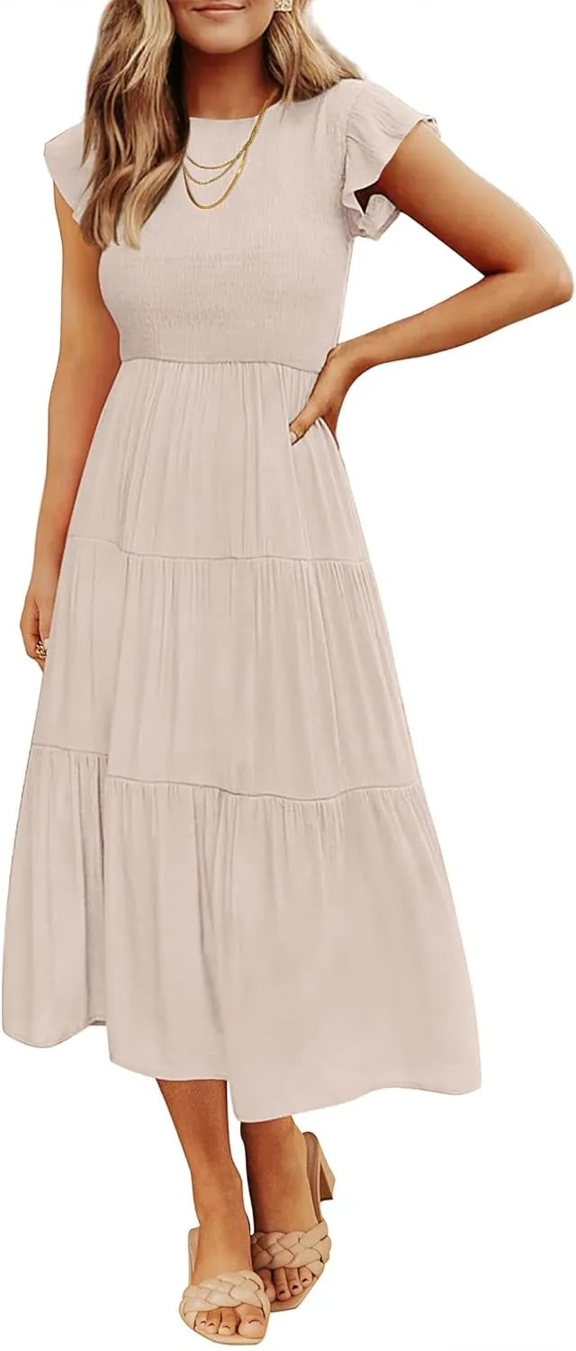 ZESICA Women's 2025 Summer Casual Flutter Short Sleeve Crew Neck Smocked Elastic Waist Tiered Midi Dress