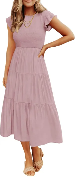 ZESICA Women's 2025 Summer Casual Flutter Short Sleeve Crew Neck Smocked Elastic Waist Tiered Midi Dress
