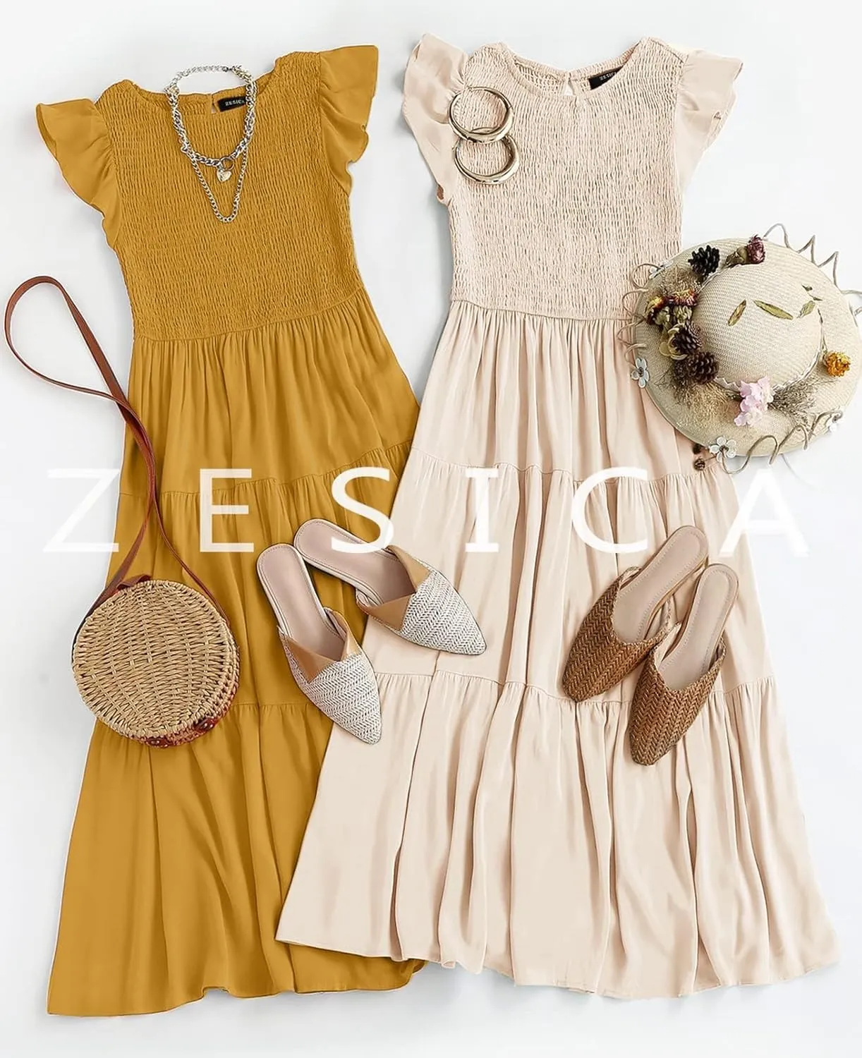 ZESICA Women's 2025 Summer Casual Flutter Short Sleeve Crew Neck Smocked Elastic Waist Tiered Midi Dress