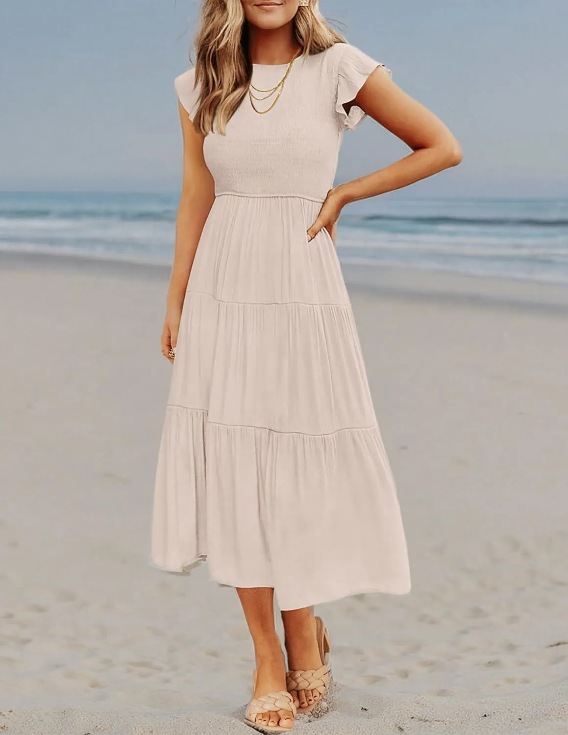 ZESICA Women's 2025 Summer Casual Flutter Short Sleeve Crew Neck Smocked Elastic Waist Tiered Midi Dress